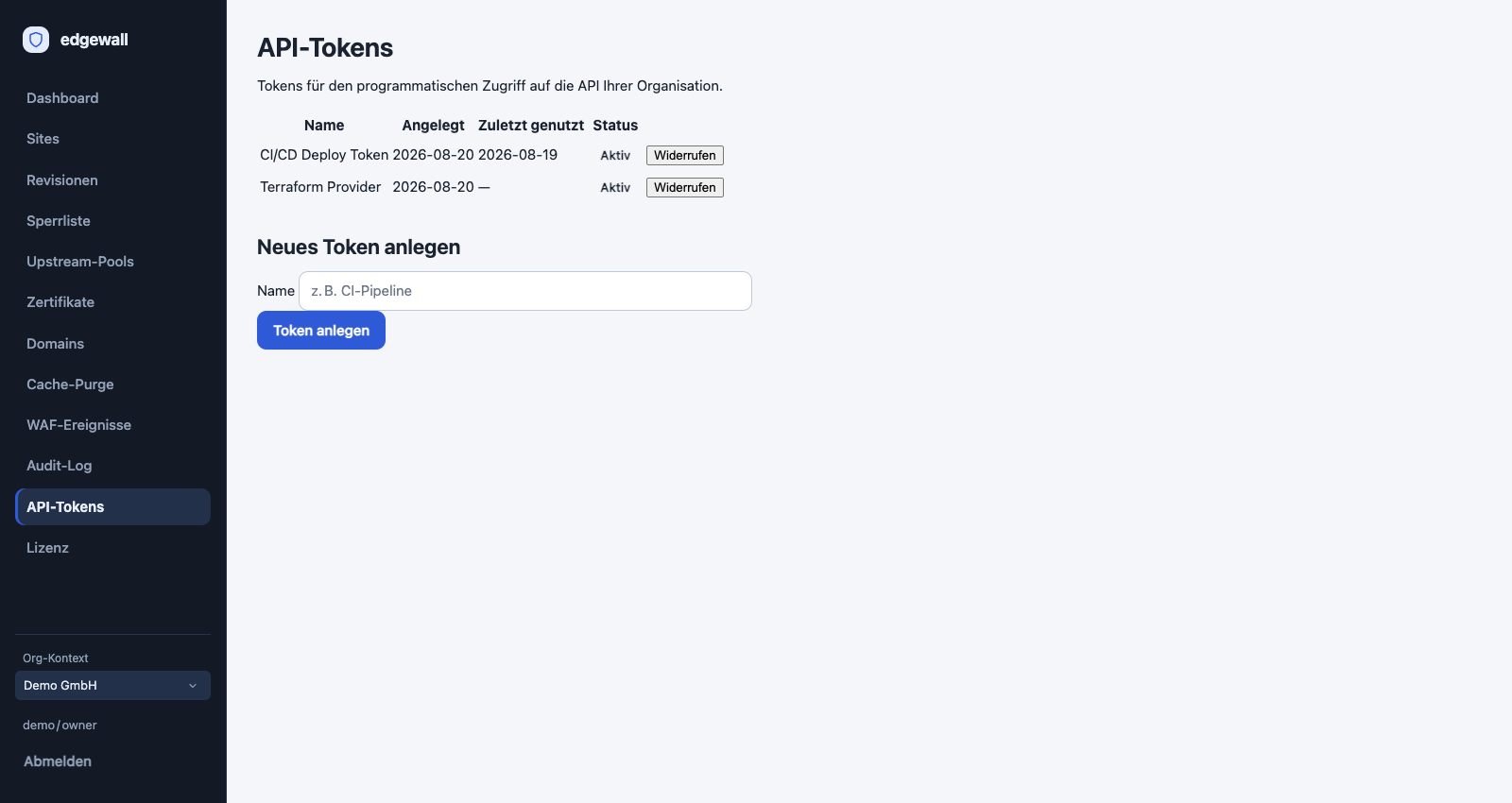 Verwaltung der API-Tokens einer Organisation