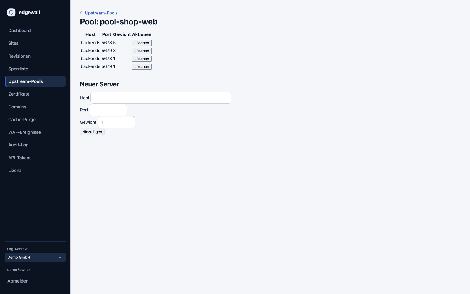 Backend-Server eines Pools mit Host, Port und Gewichtung